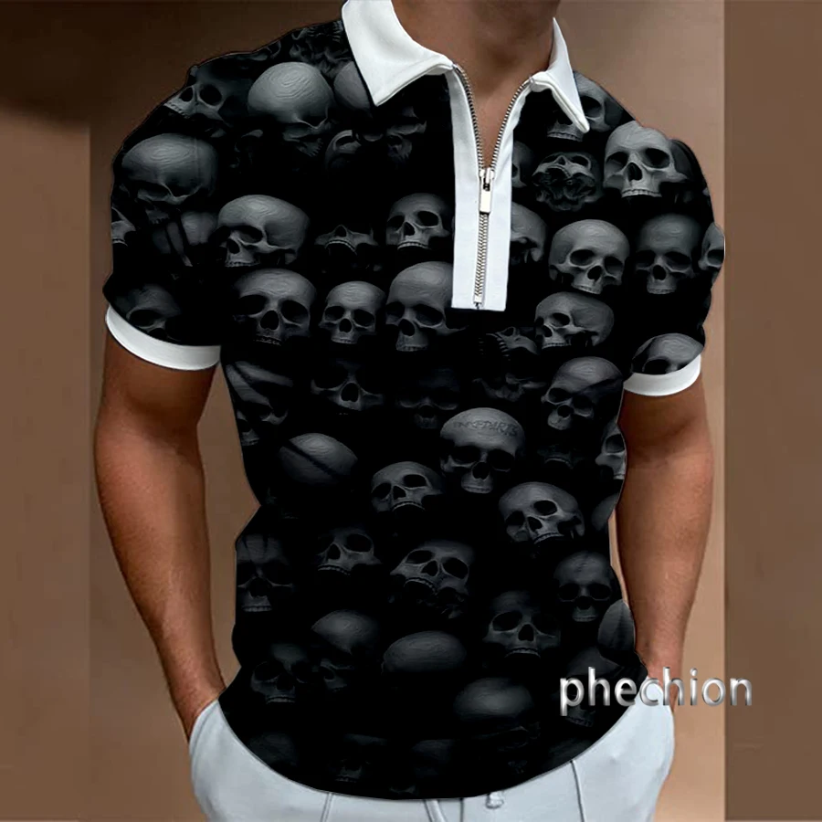 

Новинка, модная мужская рубашка поло Phechion с забавным 3D-принтом цветов, черепа, мужская приталенная рубашка поло с коротким рукавом, отворотом и молнией