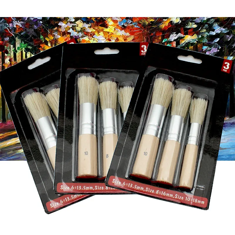 

3pcs/6pcs/Set Wooden Stencil Brush Chalk Paint Natural Pure Hog Bristle brush Round Acrylic Oil Painting Detail Brushes