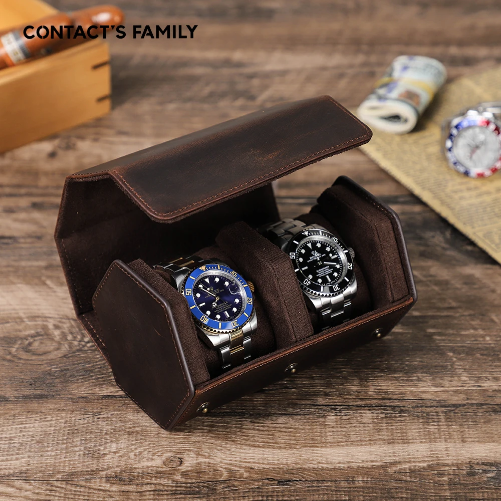 CONTACT'S FAMILY Rustic Leather 2-Slot Watch Case Box Luxury Pouch with Zipper Portable Organizer Bag Black Brown