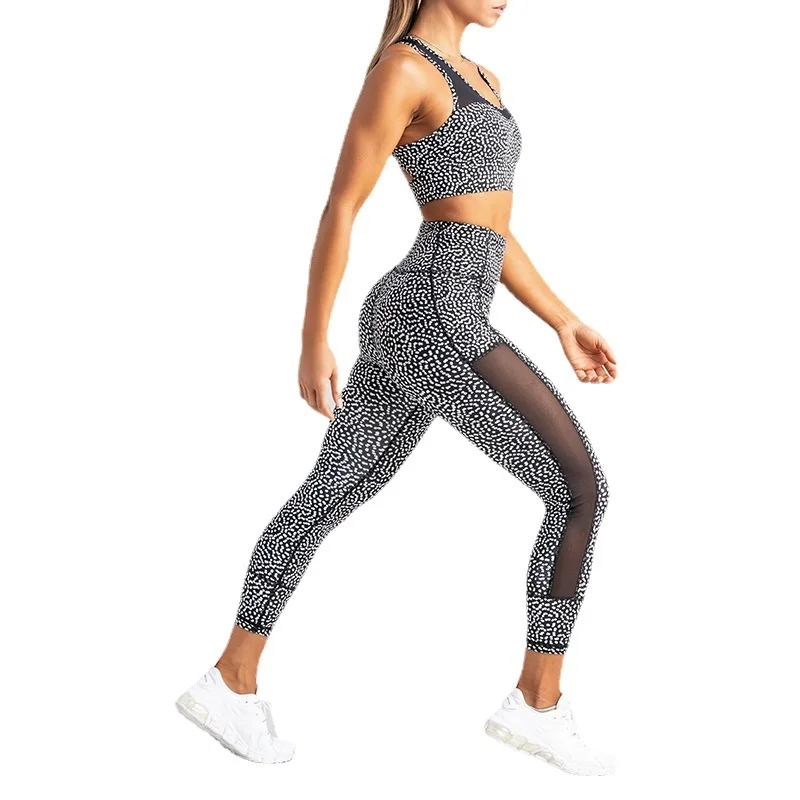 

Breeze Mesh Two Piece Set Women Sportswear Yoga Sets Open Racerback Sports Bra High Waist Leggings With Side Pocket Gym Clothing