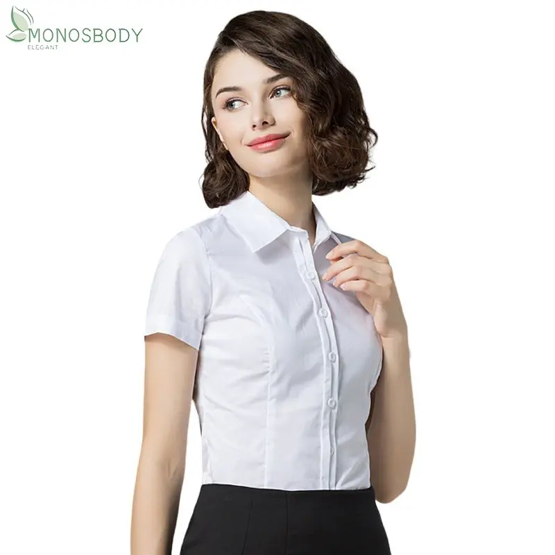 

Office Lady White Shirts Business Work Wear Formal Tops and Blouses Women Short Sleeve Bodysuits Collared Rompers Female 2023