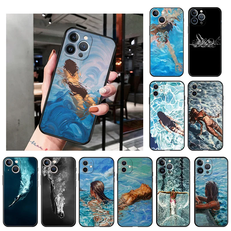

Camera Protection Silicone Phone Case for iphone 14 13 11 12 Pro XS Max Mini XR SE 8 7 14 Plus X Swimming Girl Soft Black Cover