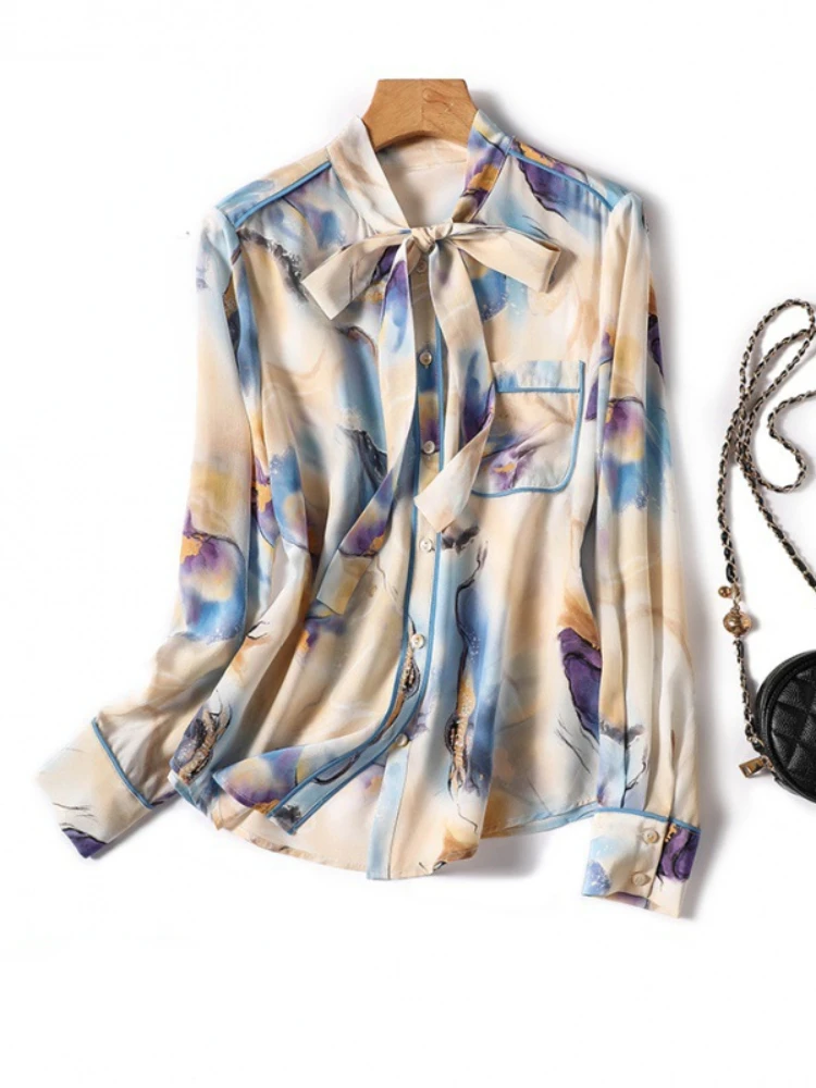 

Silk Women's Blouses 2022 Summer Floral Loose Korean Women Shirts Long Sleeve Fashion Print Top Bow New Casual Clothing
