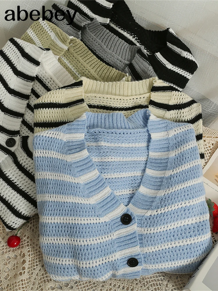 

V-neck Loose Striped Sweater Ladies Women's Vintage Single Breasted Knitted Cardigan Chic All-Match Ladies Preppy Style Clothes