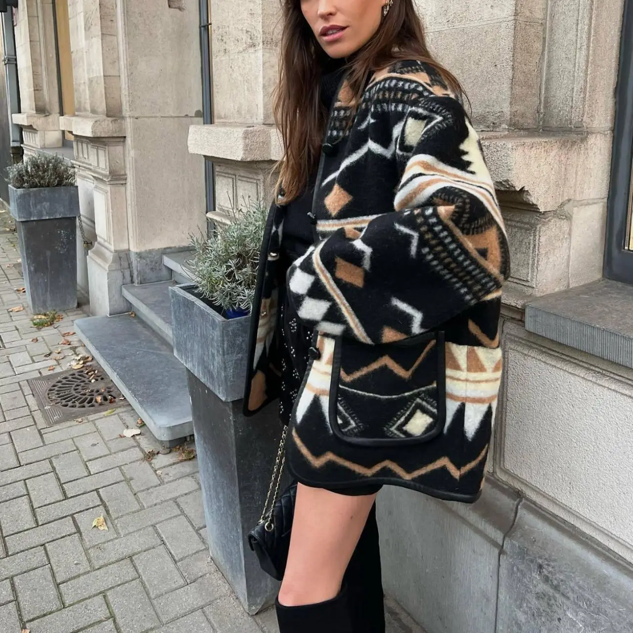 

Женская одежда с длинным рукавом в городском стиле, модная шерстяная короткая куртка с принтом, новинка в Европе и Америке для осени и зимы