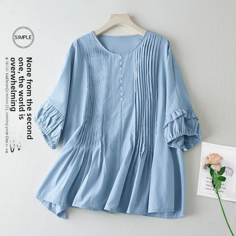 Летняя милая складка-аккордеон с круглым вырезом хлопково-льняная свободная