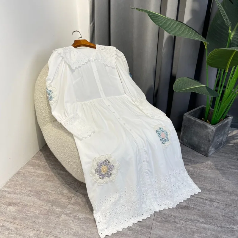 

2022 Latest Summer Autumn Women's White High Quality Embroidered Large Flower Navy Collar Full Lantern Sleeve Midi Dresses