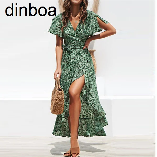 

Dinboa-2023 Floral Print Square Collar Dresses New Summer Ruffle Puff Sleeve Slim Split Midi Woman Chiffon Dress