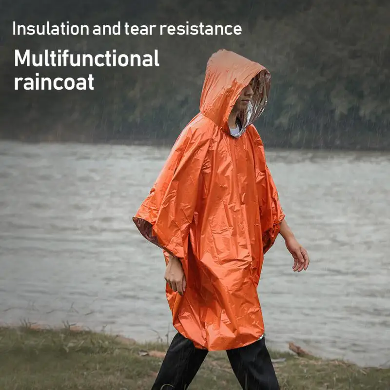 

New Emergency Survival Rain Poncho Thermal Survival Space Blanket Thermal Raincoat Heat Reflective Waterproof For Camping Hiking