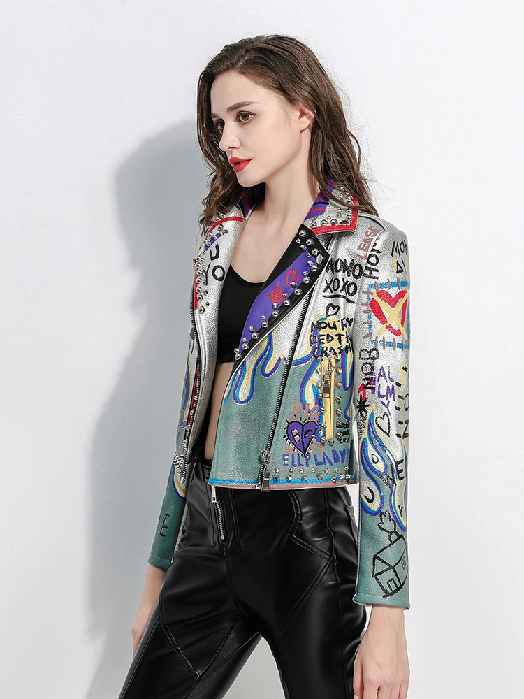 Streetwear Silver Leather Jacket Women 2023 Trend Punk Style Rivets Graffiti Print Short Faux Leather Embroidery Jackets