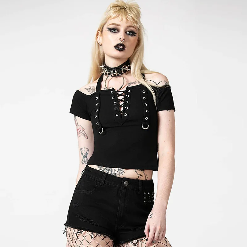 

Глазные ремни на одно плечо в стиле темного ветра в стиле европейской и Соединенных Штатов, облегающий модный топ с лямкой на шее для девуше...