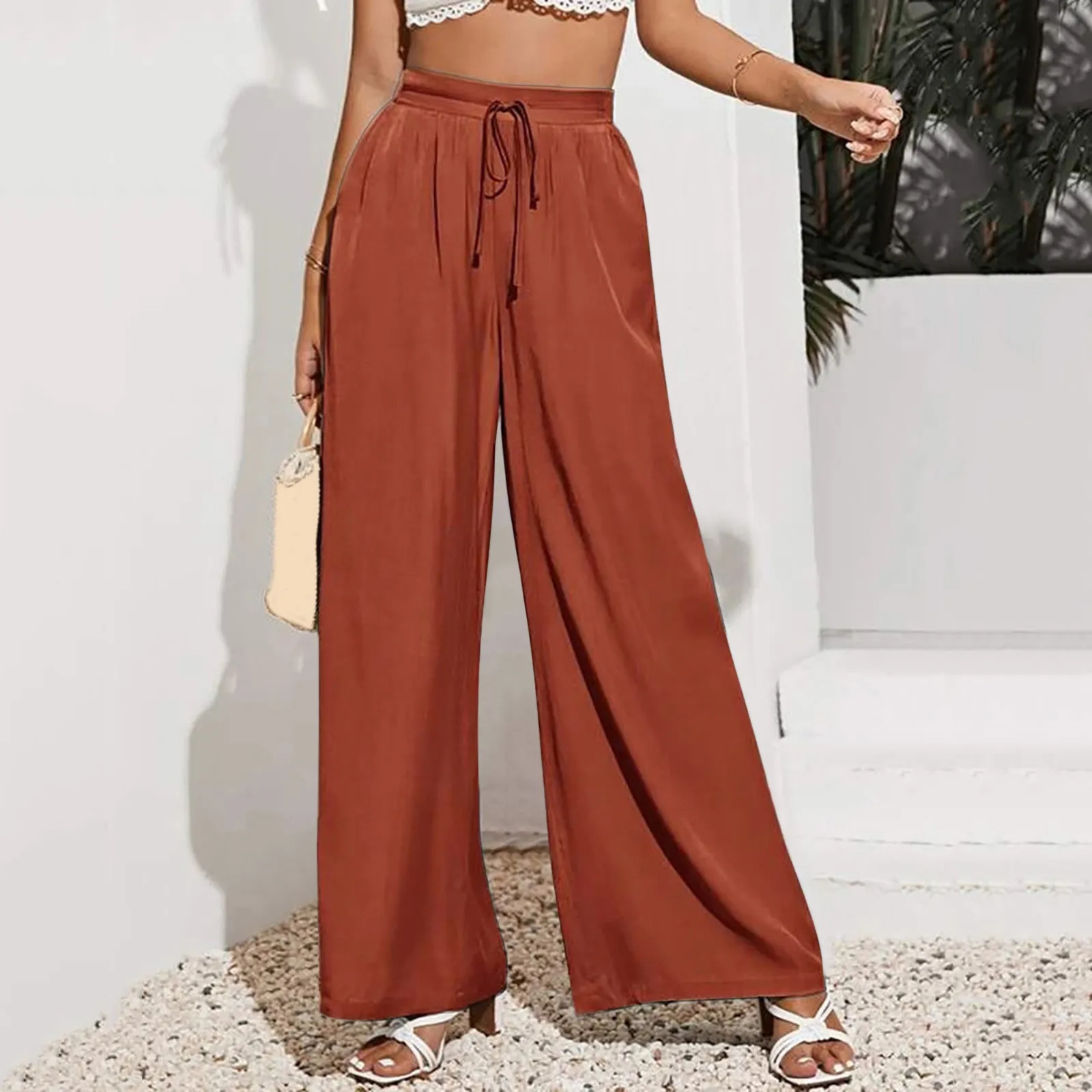 

Womens Solid Casual Drawstring Loose Elastic Waist Beach Leg Palazzo Pants Sweatpants Vintage Harajuku Trousers With Pockets 4