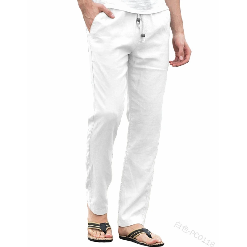 

Men Pants Summer Solid Color Slim-Fit Pocket Pants Trousers Korean Versatile Youth Men Casual Mid-Waist Lace Straight-Leg Pants
