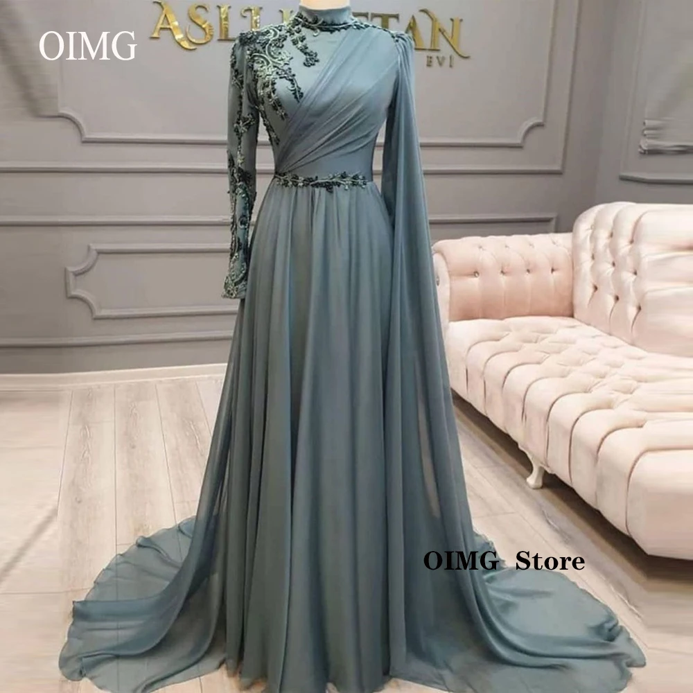 

Modest Dubai Arabic Chiffon Long Cape Sleeves Evening Dresses High Neck Embroidery Applique Muslim Women Formal Prom Dress