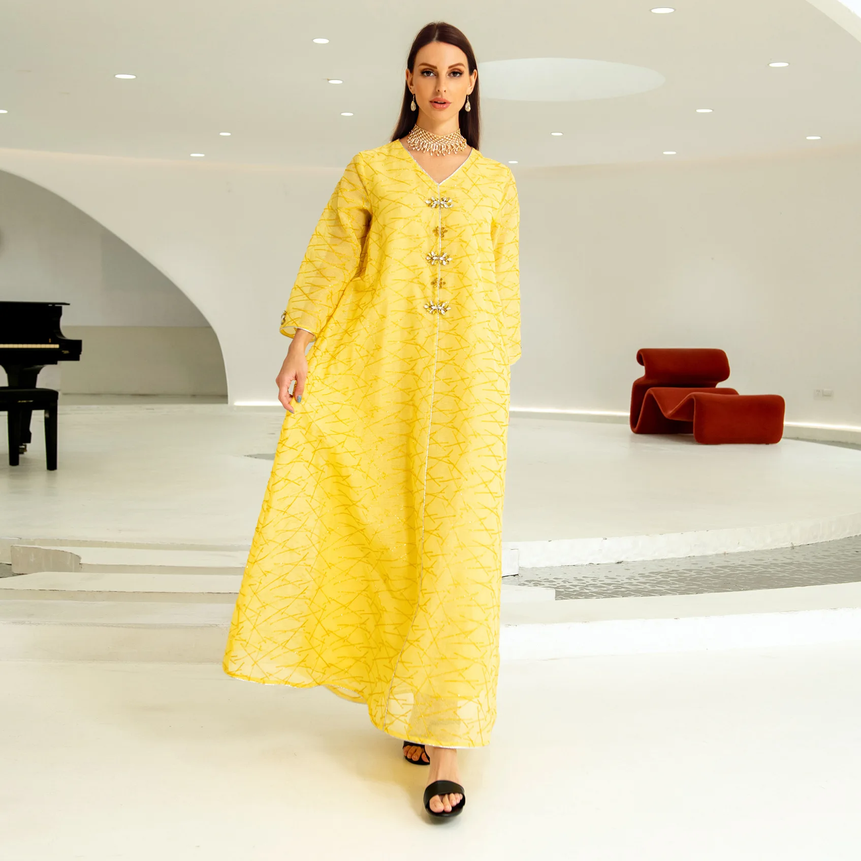 Muslim Middle Eastern Ethnic Dubai Dress Abaya Luxury Diamond Embroidery Long Sleeves Elegant Party Gowns Jalabia Arabic Robe