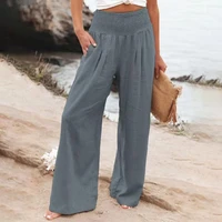 women trousers high waist solid color stretchy waist wide leg straight summer pants daily clothes