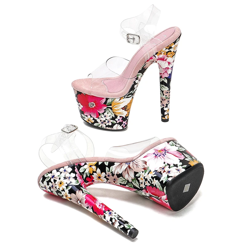 Leecabe 7 Inch Women Mary Jane Platform Pumps17cm Sexy Red Bottom High Heels flower Slipper Exotic Dancer Pole dance shoes