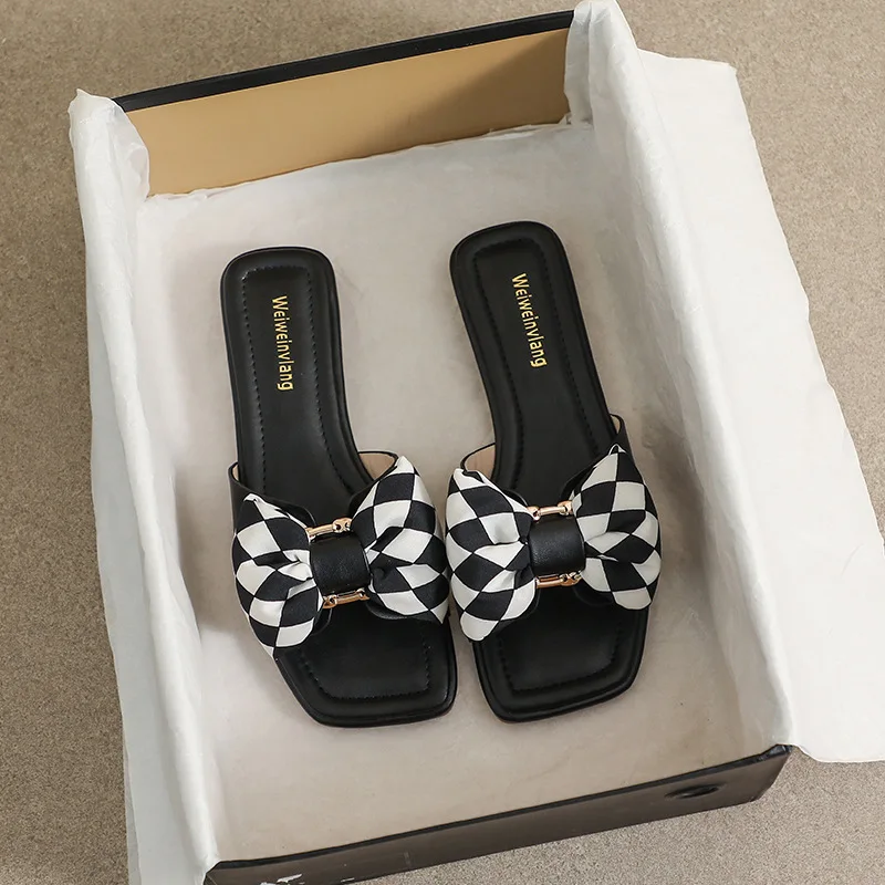

Sandals Women 2022 Cute Big Bow Summer Beach Square Toe Slippers Flat Shoes Plus Size 43 Sandalias Mujer Verano Ladies Slides