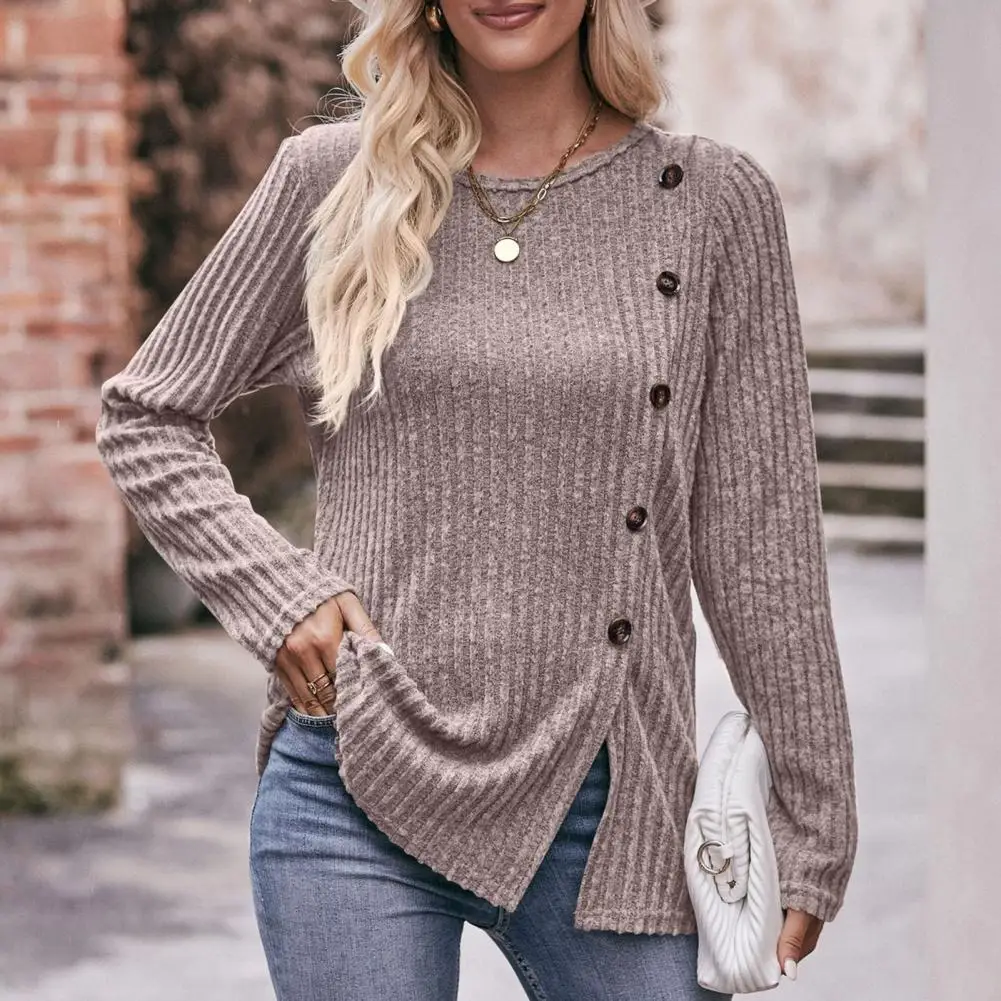 

Women Fall Spring Top Button Decor Split Hem Sweater Top Solid Color Striped Texture Irregular Casual Breathable Lady Blouse