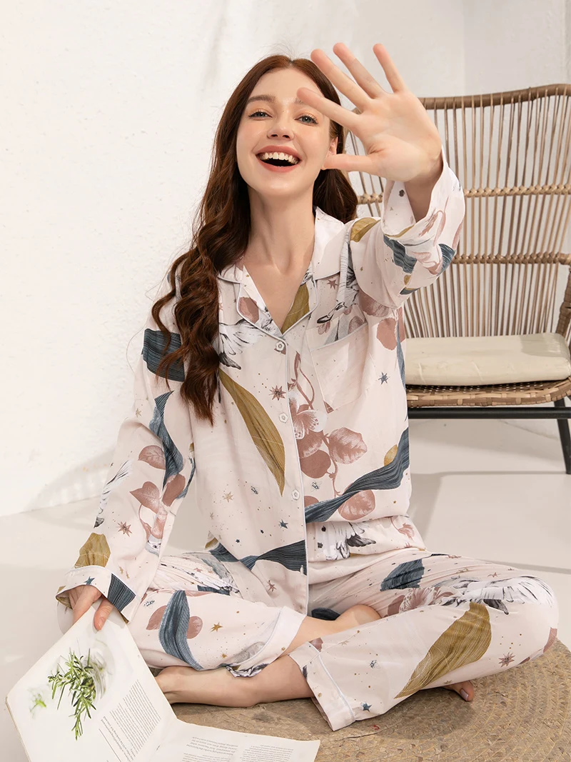 Women Home Clothes for Spring and Autumn Pajamas Set Long -Sleeved Plus Size S-3XL 100% Viscose  Loose Nightwear Suit Casual