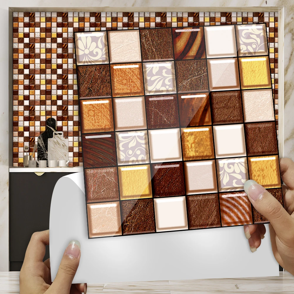 

10 Pieces Vintage Plaid Pattern Crystal Tile Stickers Waterproof Mural Self Adhesive Decorative Kitchen Bathroom Wall Stickers