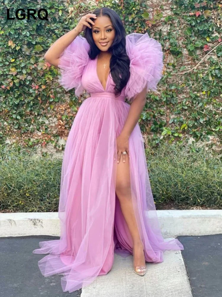 

Женское платье с высокой талией LGRQ, однотонное платье с V-образным вырезом и разрезом, модель 19J3032 на лето, 2023