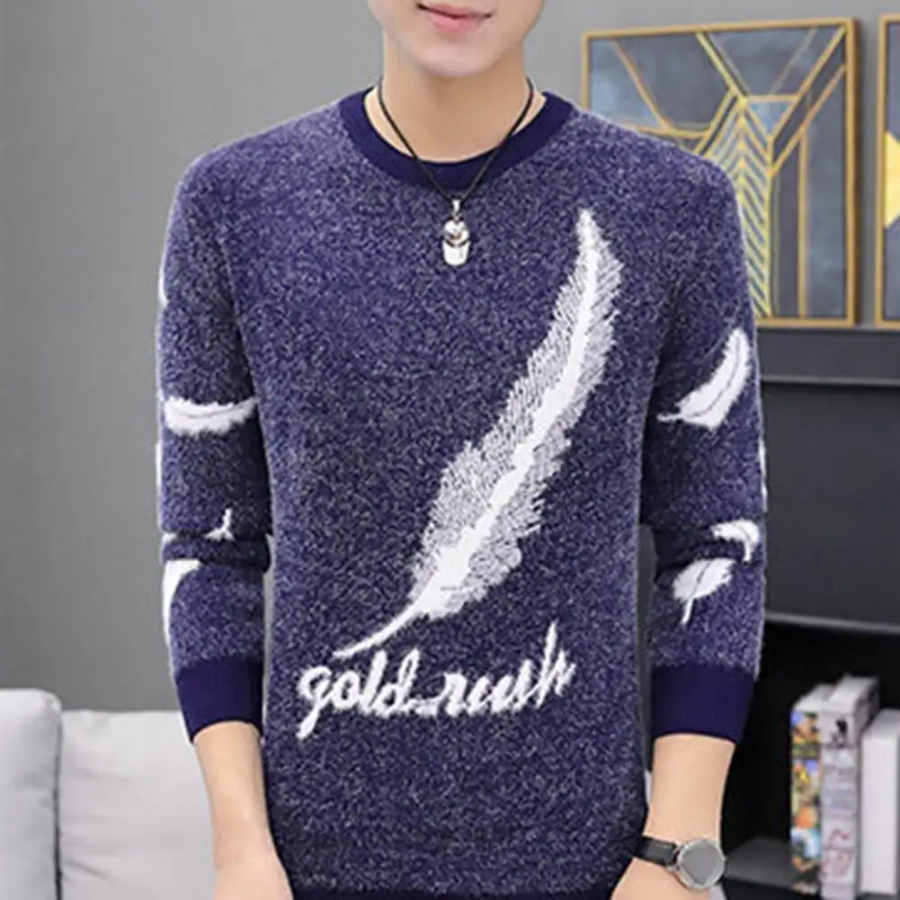

Letter Feather Pattern Men Sweater Stylish Korean Men's O-neck Sweater Feather Print Ribbed Cuffs Slim Fit for Fashionable
