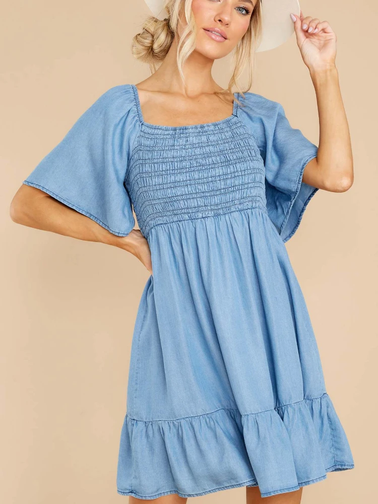 

Summer Dress 2023 New Fashion Women's Comfortable Casual Loose Fitting Denim Square Neck Short Sleeve Dress for Women Streetwear