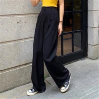 casual pants women wide leg button fly high waist elegant office ladies full length leisure loose ulzzang cool
