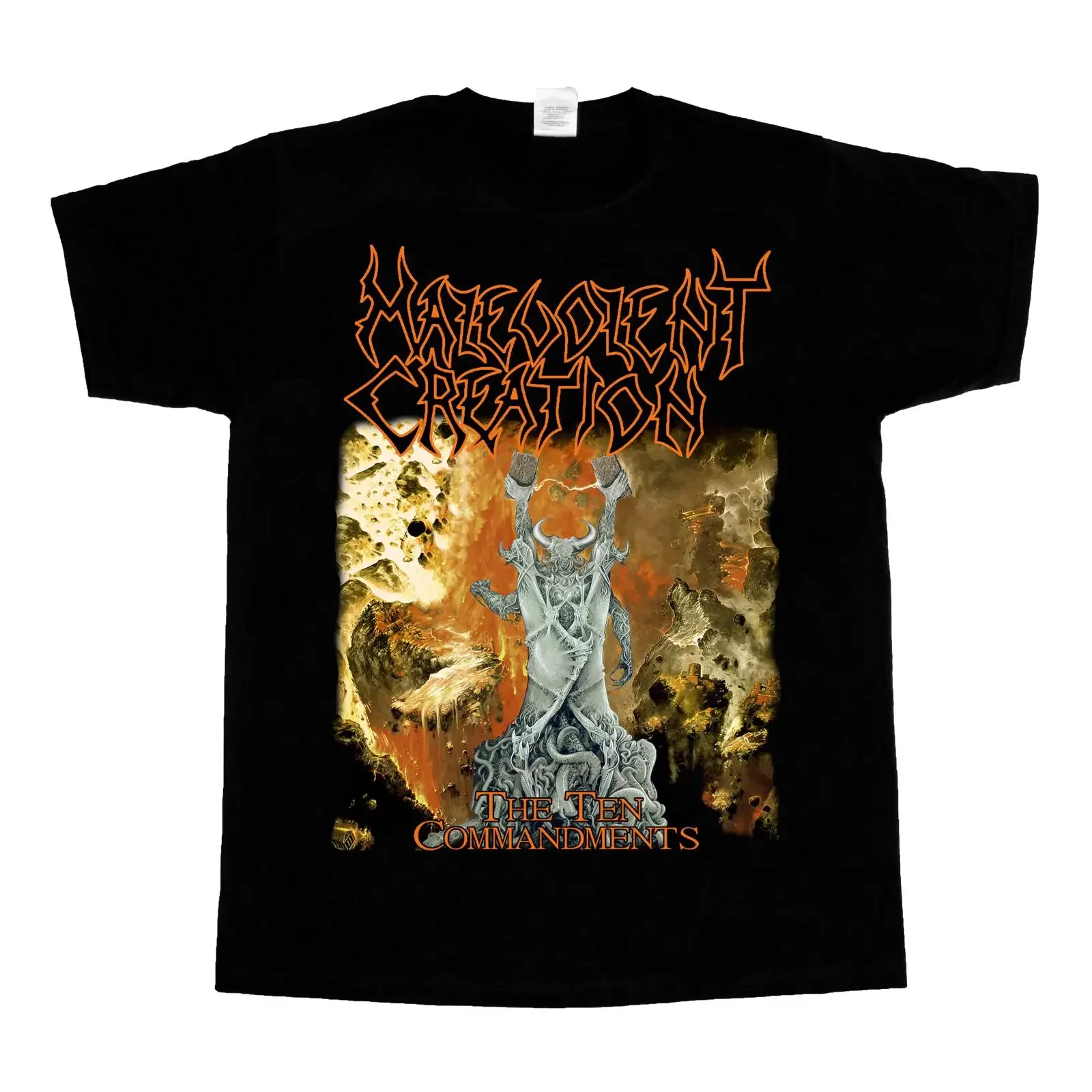 Фото Футболка Malevolent Creation «Десять заповедей» в винтажном стиле, с эффектом потертости, для повседневной носки, универсальная, слегка эластичная. №1