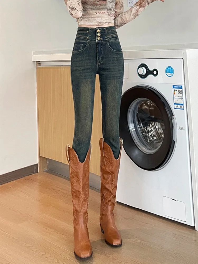 Джинсы больших размеров в стиле ретро на флисовой подкладке женские