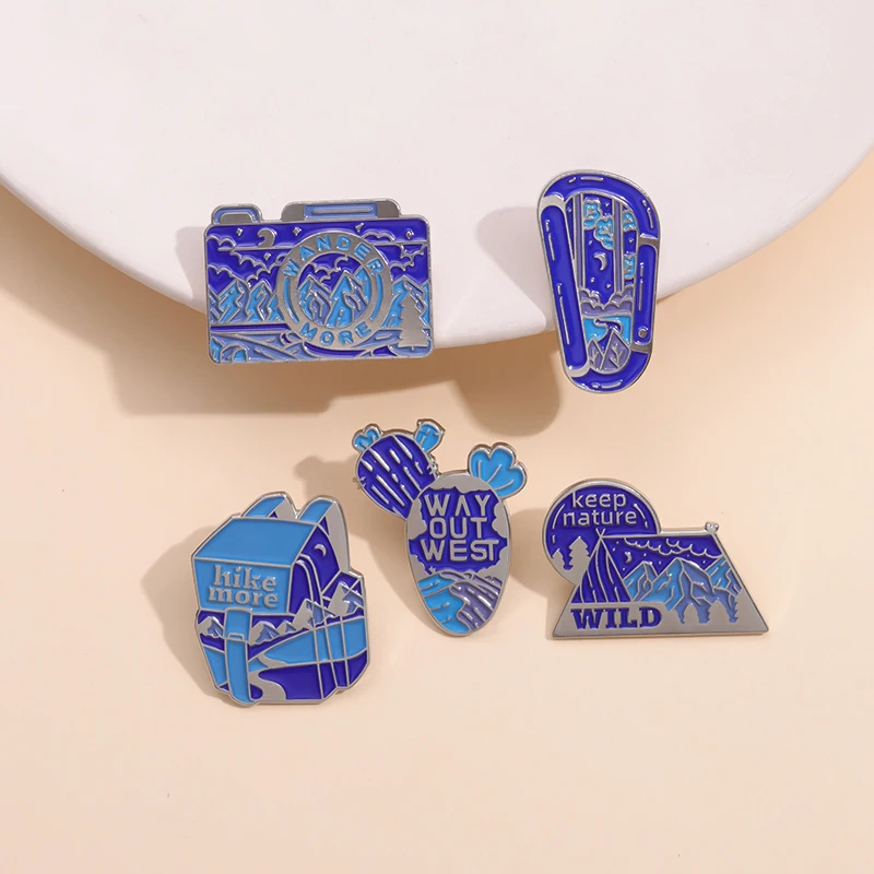 Hike Mountains And Rivers Enamel Pin Wildness Camera Backpack Design Decorative Brooches Accessories Nature Outdoors Jewelry Gif