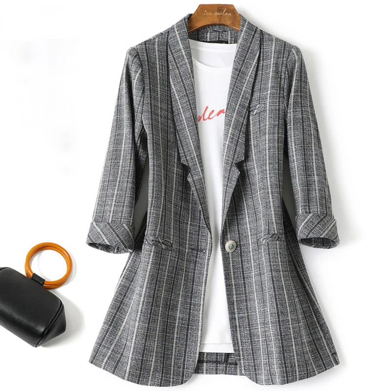 

New Fashion Business Interview Striped Suits Women Work Office Ladies Half Sleeve Spring and Autumn Casual Blazers Traje 2022