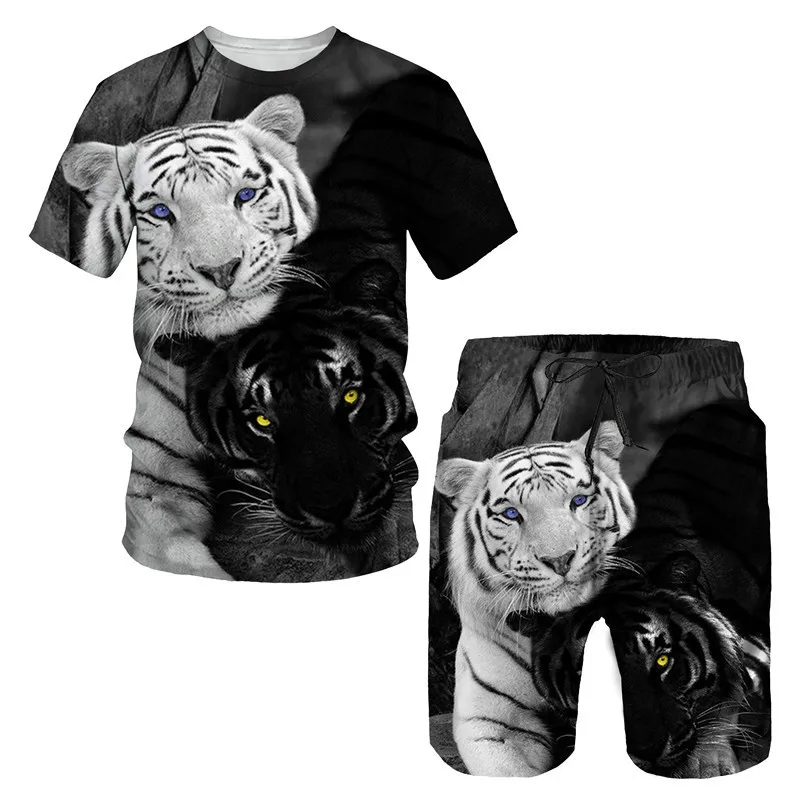 Summer Cool Tiger Printing Men's T Shirt Loose O-neck Short Sleeve Tops Casual Comfortable Shorts 2 Piece Outfit Men Clothing