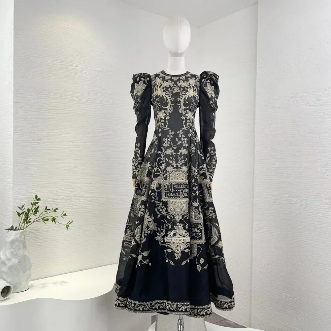 

Top Quality New Spring Autumn Black Beige Embroidery Semi Transparent Puff Sleeve Baroque Midi Dresses Women