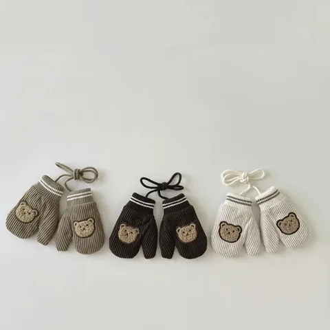 Детские теплые варежки из хлопка и вельвета с медведем