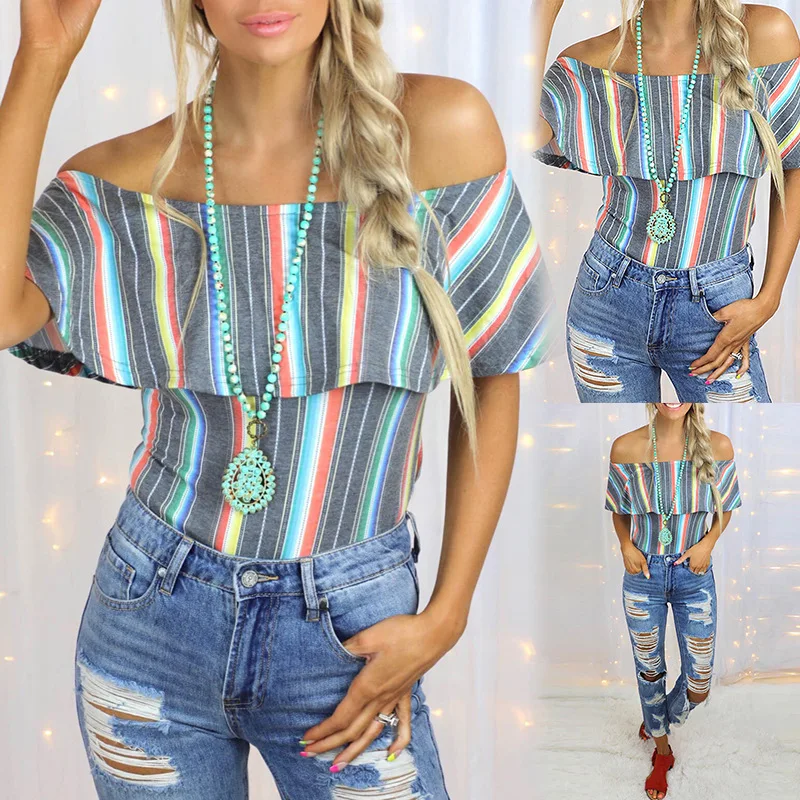 

Women's Summer T-shirt 2022 New Fashion Striped Off Shoulder Sleeveless Sexy Casual Top Slim Female Tees
