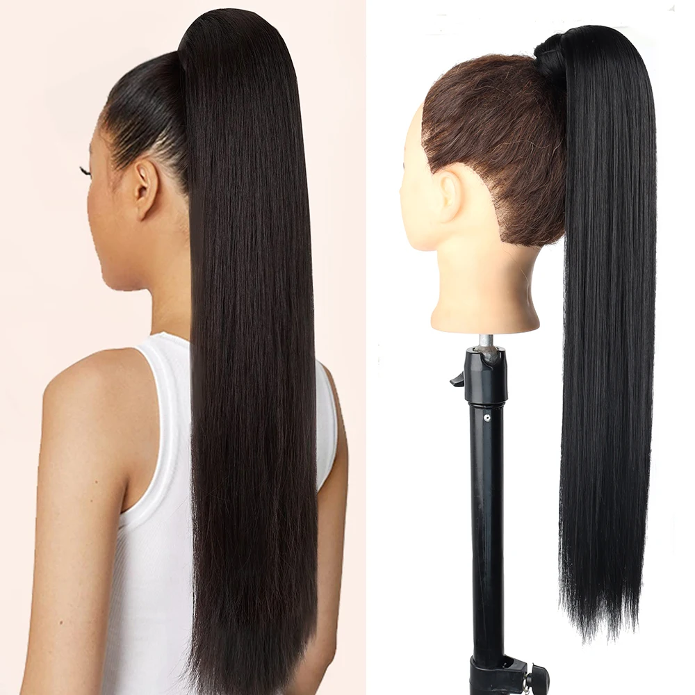 Synthetic Long Straight Ponytail Hairpiece Wrap on Hair Clip Ombre Brown Blonde Hair Extensions Pony Tail For Black Women