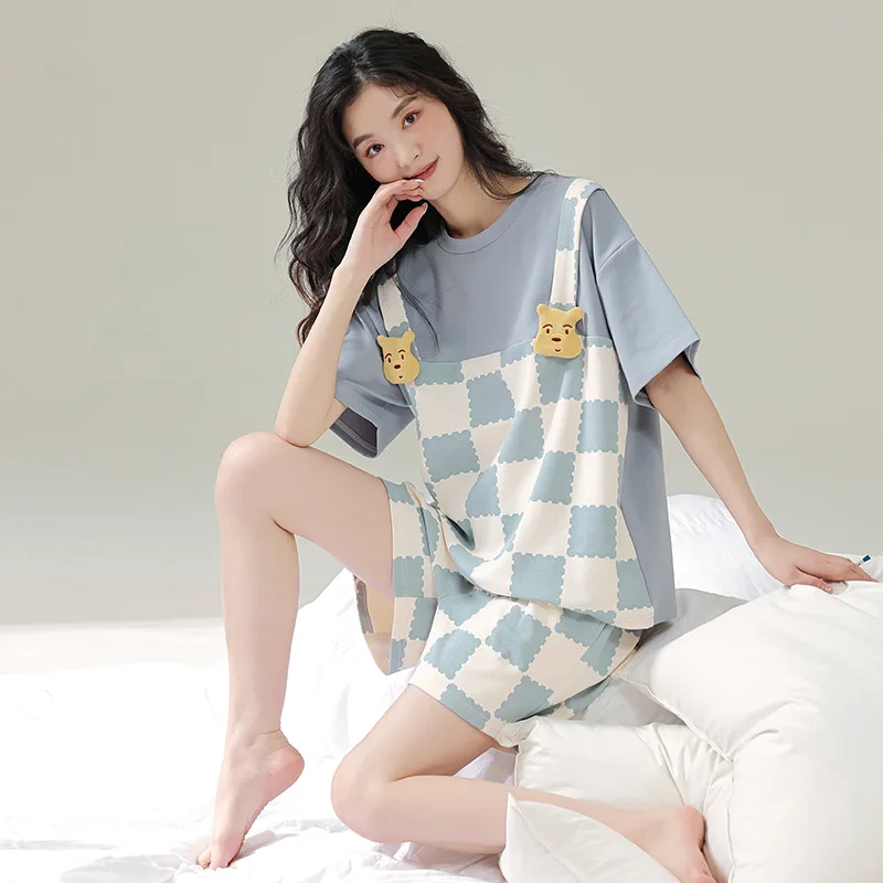 Pajamas for Couples Matching Summer Pure Cotton Short-sleeved Shorts Cute Bear Home Service Suit Breathable and Soft Loungewear