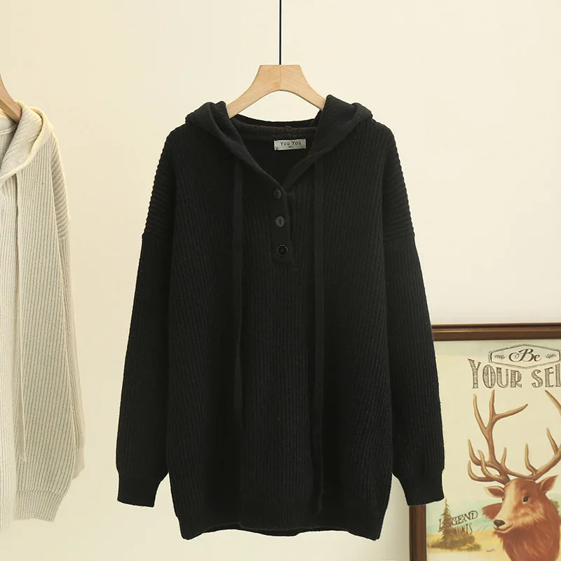 

Winter New Maternity Versatile Casual Hooded Button Sweater Black