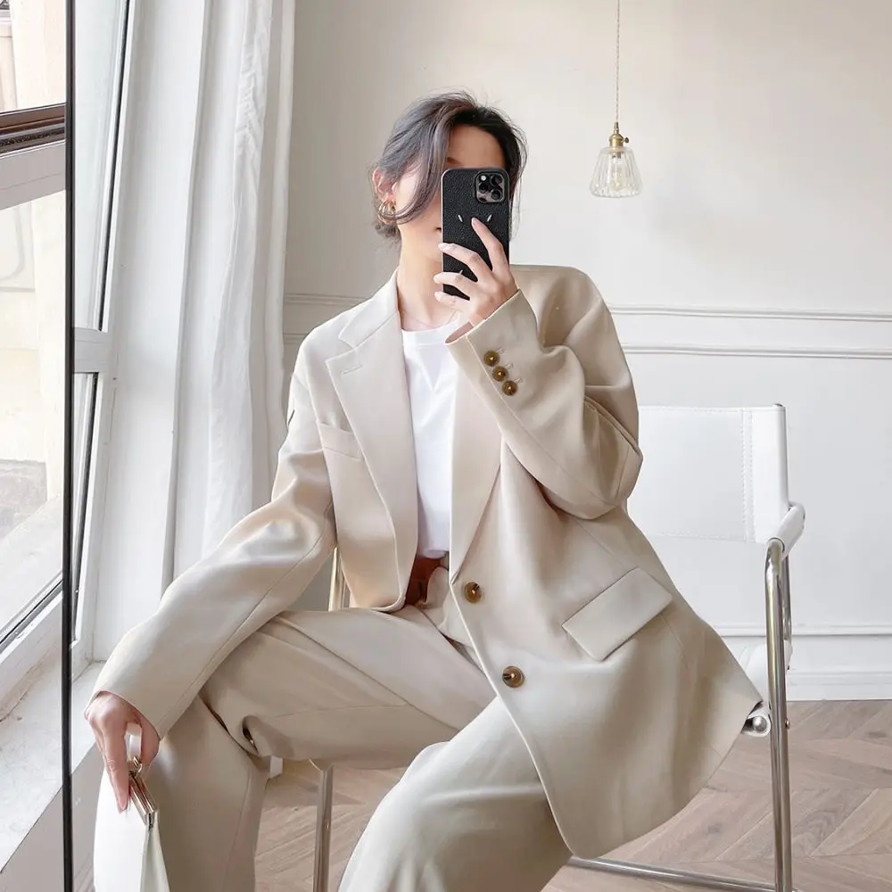 Solid Color Pants Suits Female Fashion Temperament 2023 Spring Summer New Loose Blazers & Straight Leg Trousers All-match Set