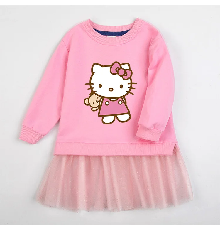 

new hello kitty girl dress 2023 autumn spring and children's clothing princess pleated mesh dress