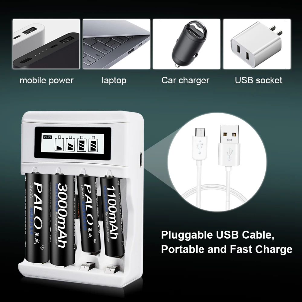 Аккумуляторы PALO AA и AAA 3000 мАч NI-MH AA, батареи LR6 1100 мАч AAA LR3 + USB-зарядное устройство с LCD-дисплеем для аккумуляторов AA AAA 1.2В (art.: 3920d1b505bbd) - 3920d1b505bbd