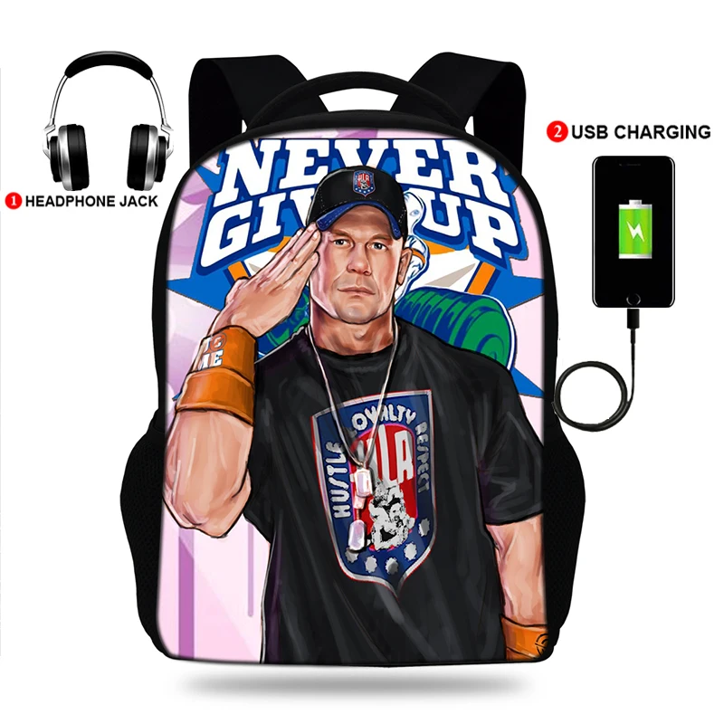 USB Charger School Bags for Teenage Boys &Girls John Cena Classic Wrestling Print Backpack Mens Laptop  Travel Rucksack