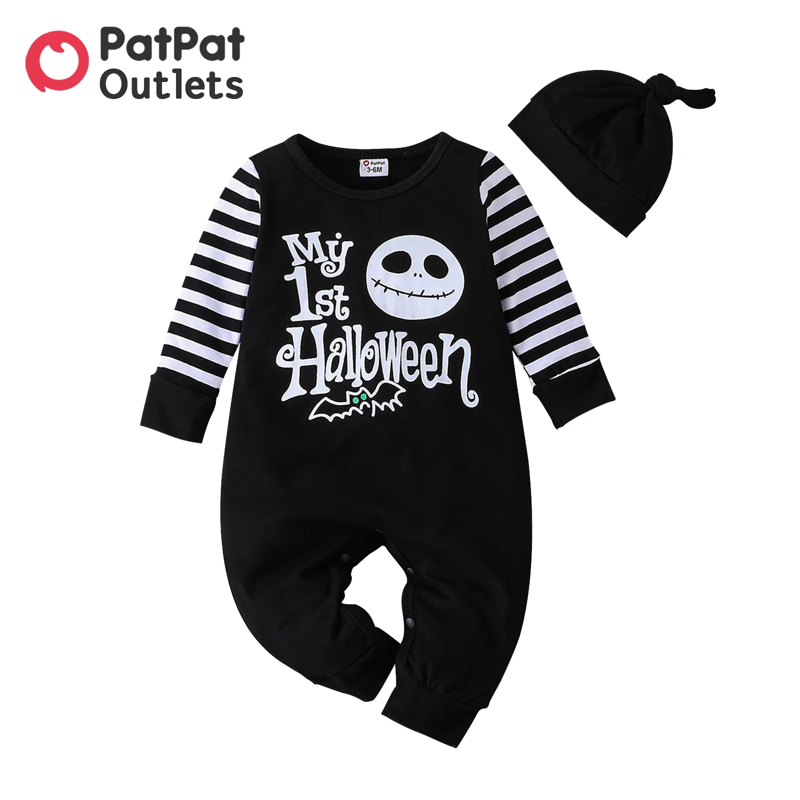 

PatPat Halloween Costumes 2pcs Baby Boy 95% Cotton Striped Long-sleeve Spliced Skull & Letter Print Jumpsuit with Hat Sets