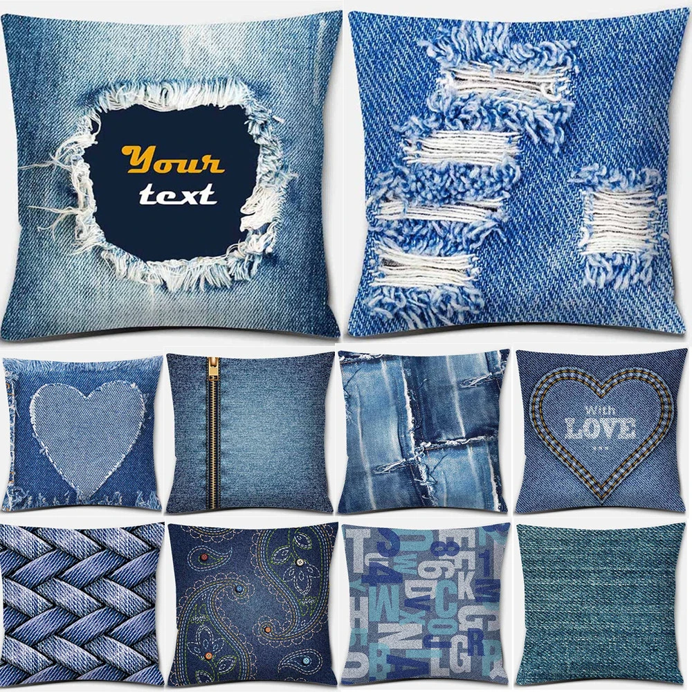

Funny Punk Style Simulate Blue Jeans Pocket Throw pillows Case Decorative Print Broken Hole Star Fish Letter Heart Cushion Cover