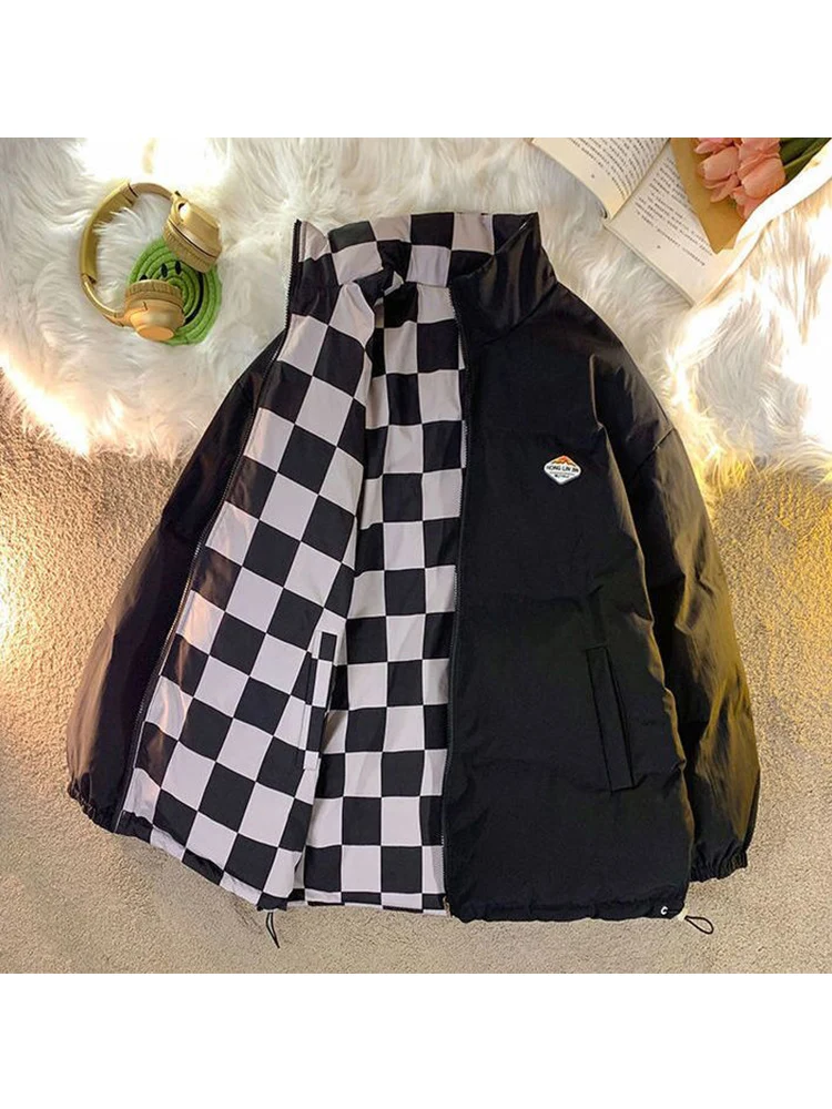 Winter Women Plaid Padded Jacket Double-sided Checkerboard Loose Oversize Cotton-padded 2022 Winter Harajuku Thickened Warm Coat