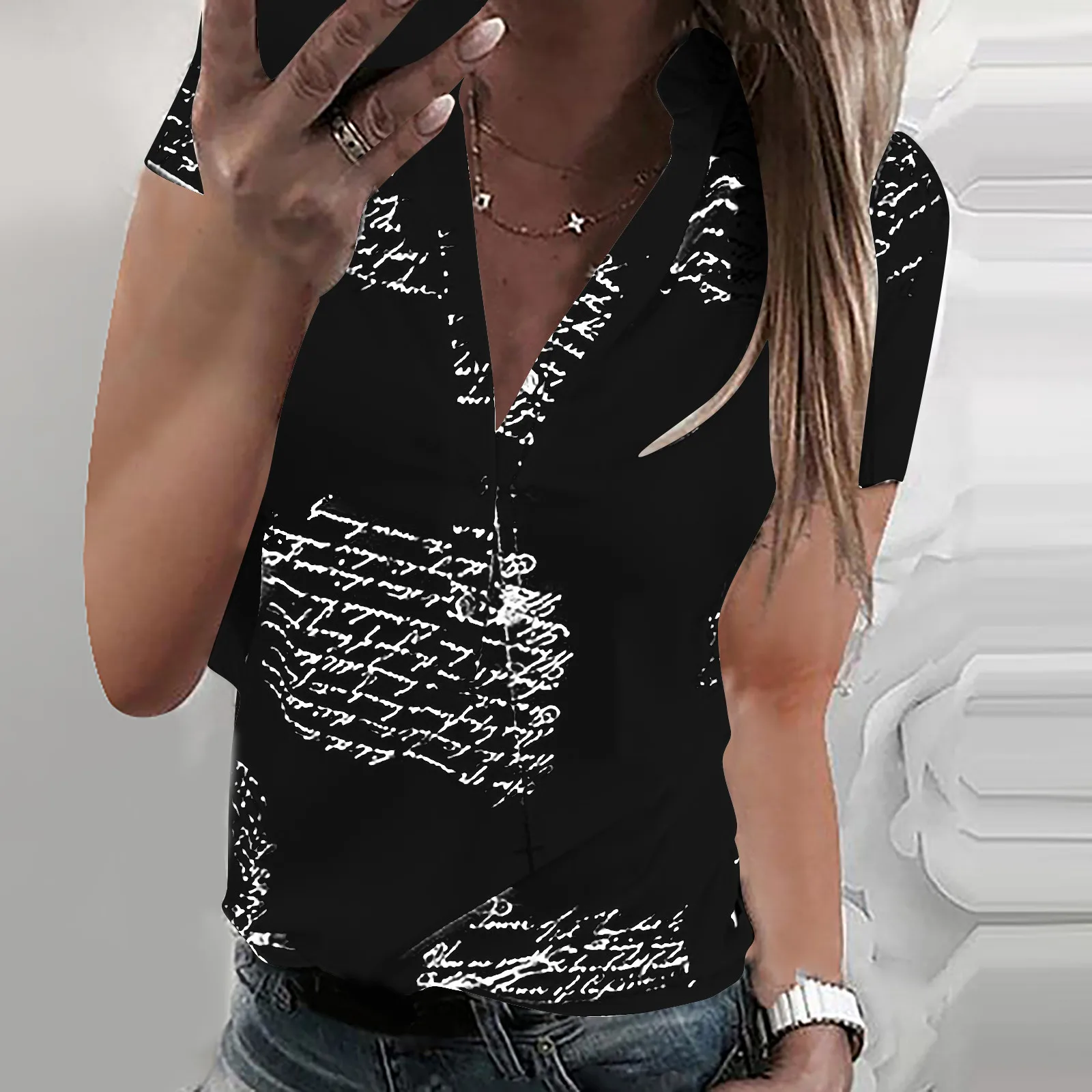 

Fashion Women's Shirts Blouses With Short Sleeves Women V Neck Letters Printing Button Women's Shirts For Spring Tops Blouse
