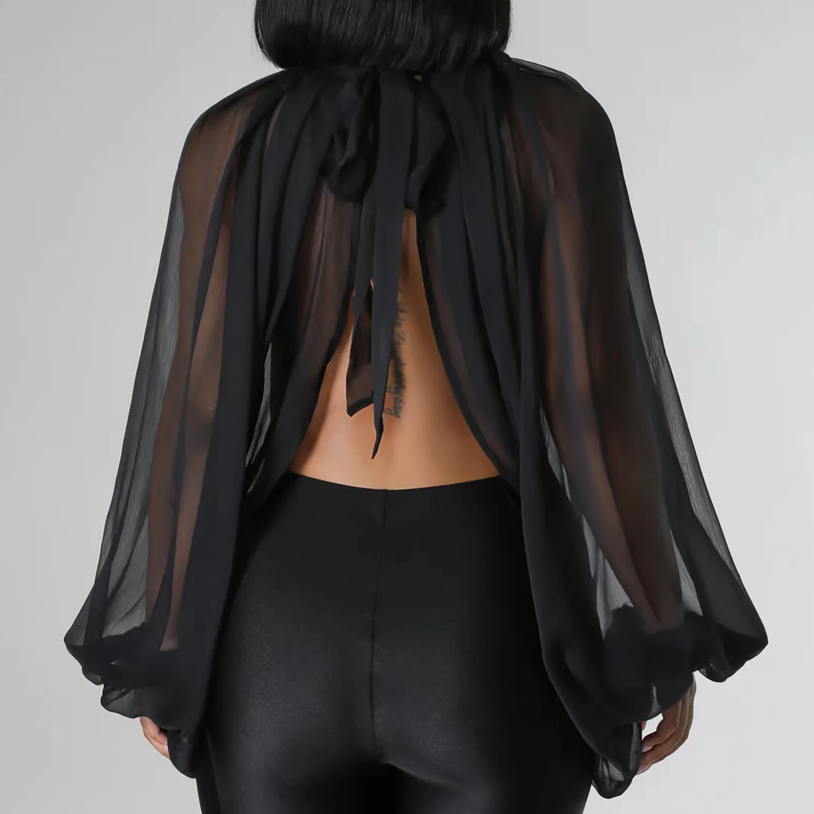 Womens Chiffon Sheer See Through Long Sleeve Mock Neck Tie Up Open Front And Back Loose Tops Cover Up Blouse Feshion Female Wear