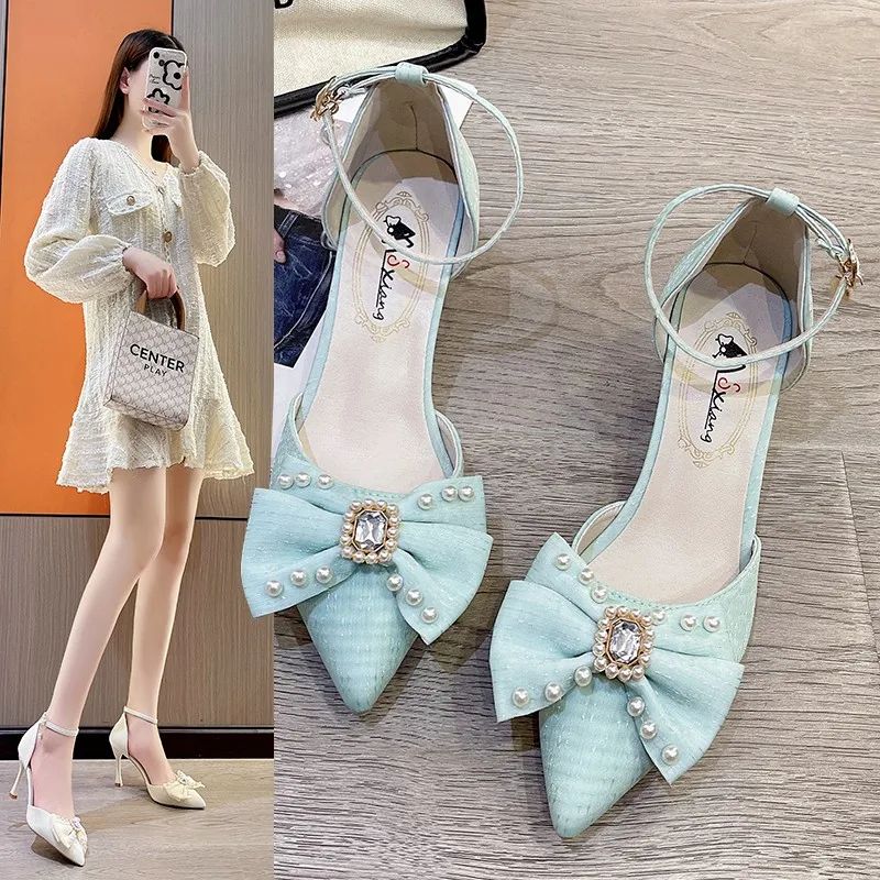 

Fashion Pearl Bowknot Pumps Women Pointed Toe Ankle Strap High Heels Shoes Woman 2023 New Thin Heels Wedding Prom Shoes